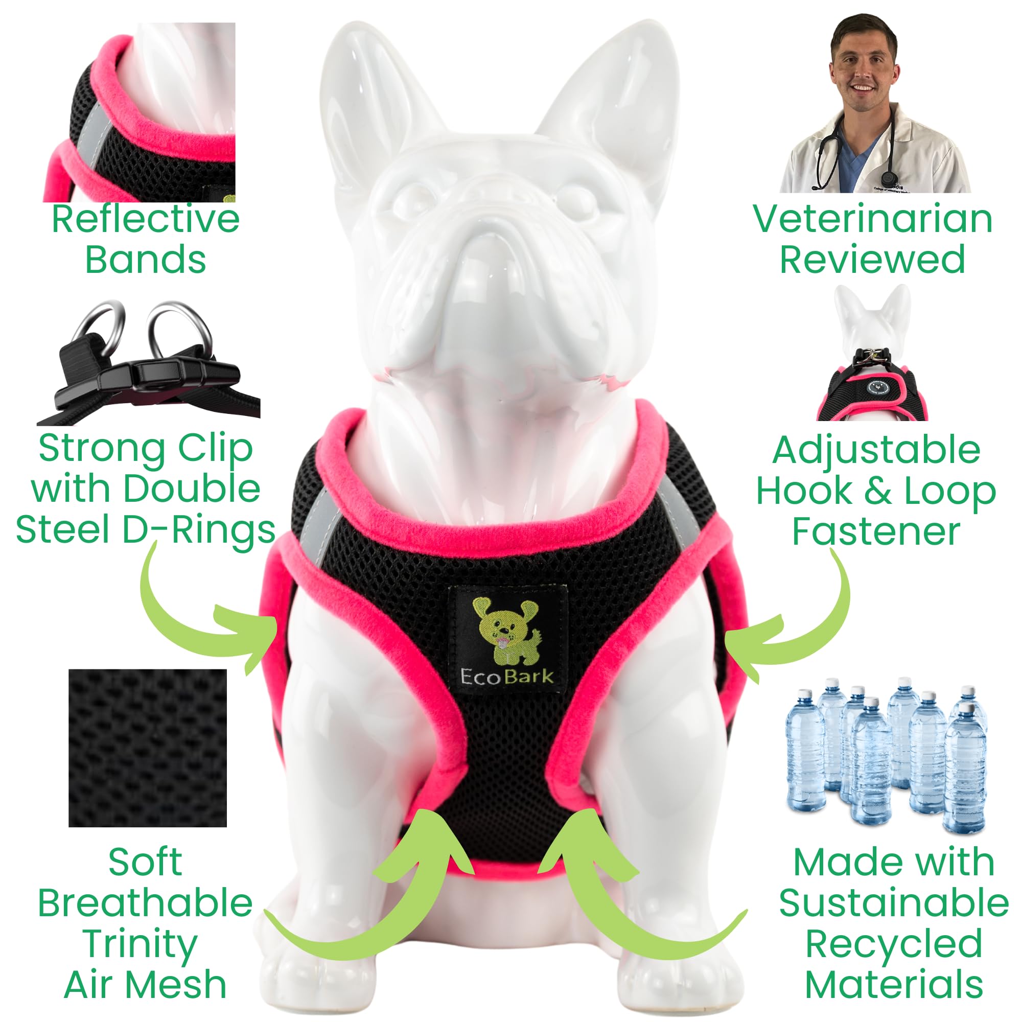 EcoBark Step-in Dog Harness XS – Reflective, Padded, No-Pull Vest for Small Dogs 5-6 lbs, Black & Pink Trim