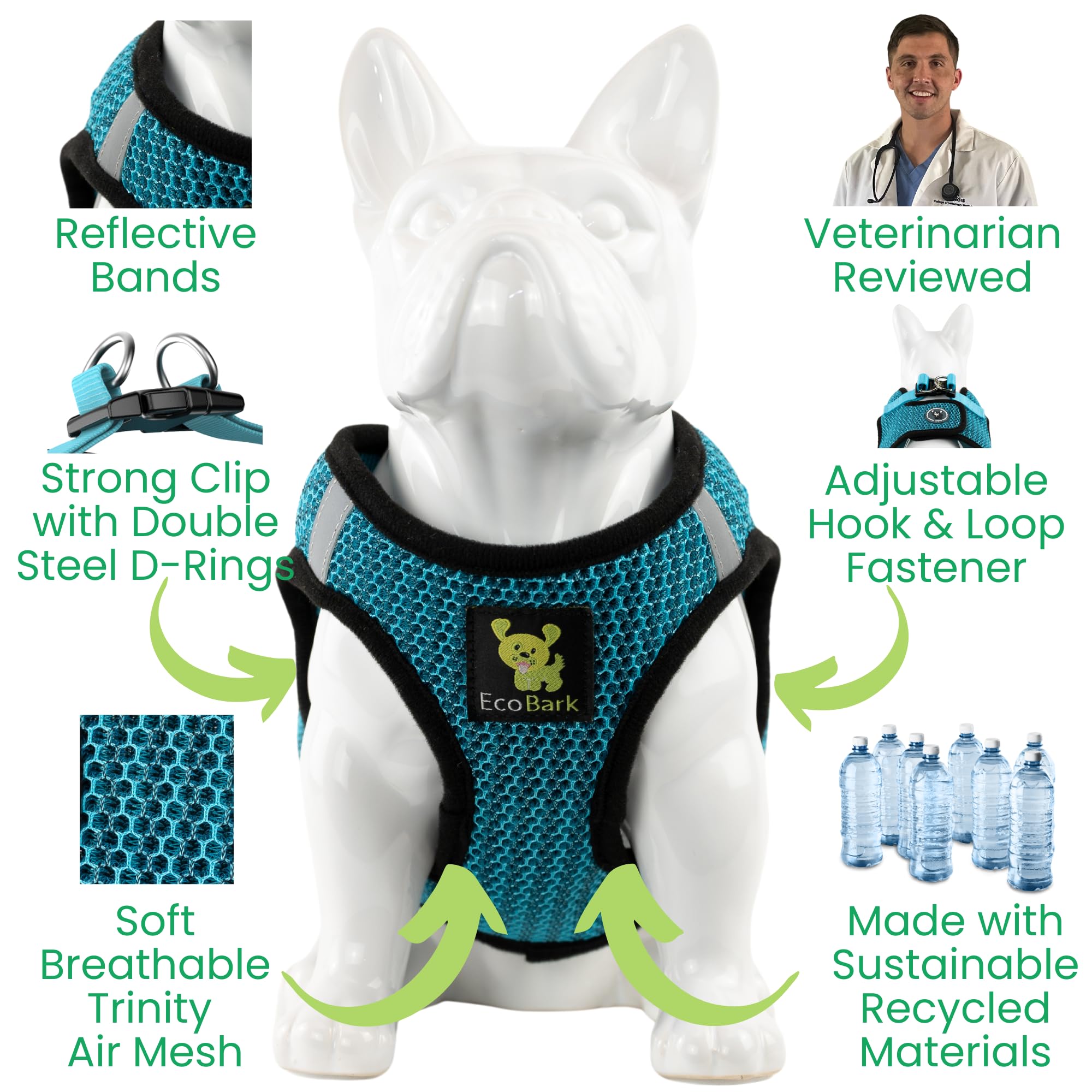 EcoBark Step in Dog Harness XXS Aqua Sport – Breathable Trinity Air Mesh for Teacup Dogs