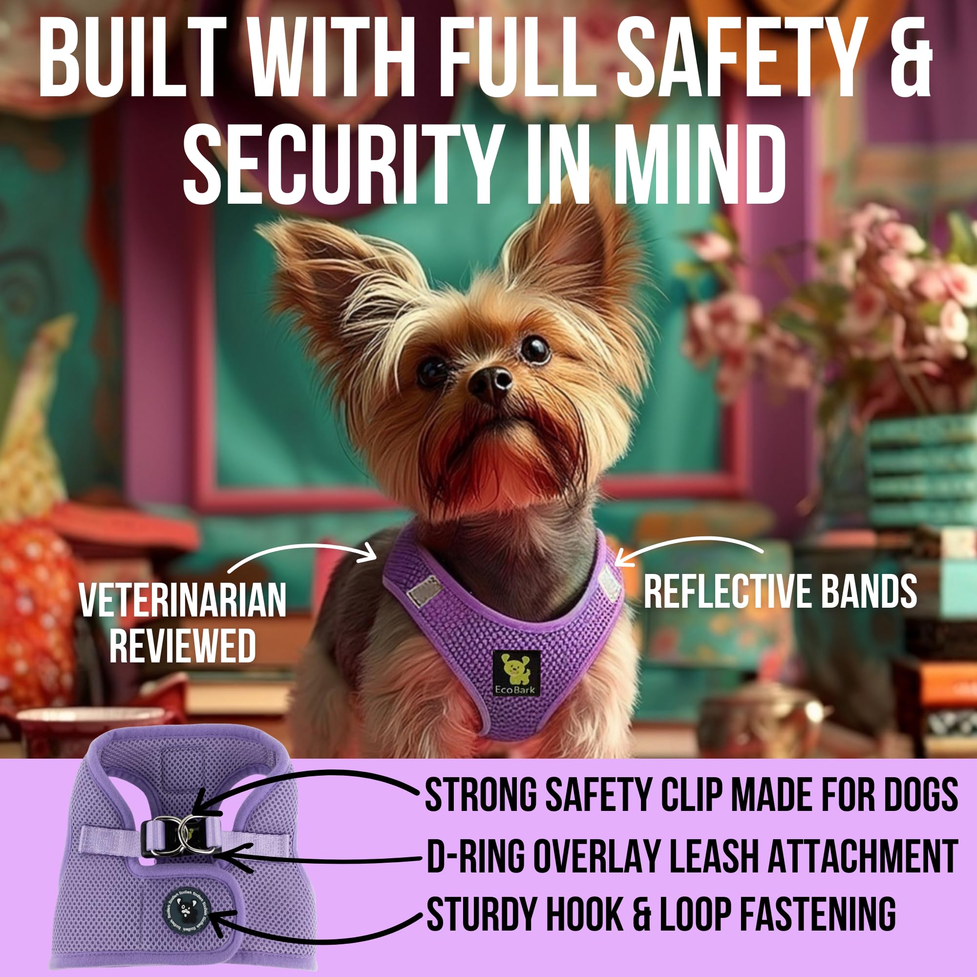 EcoBark Teacup Dog Harness - XXS Lavender Step-In Vest for Tiny Breeds