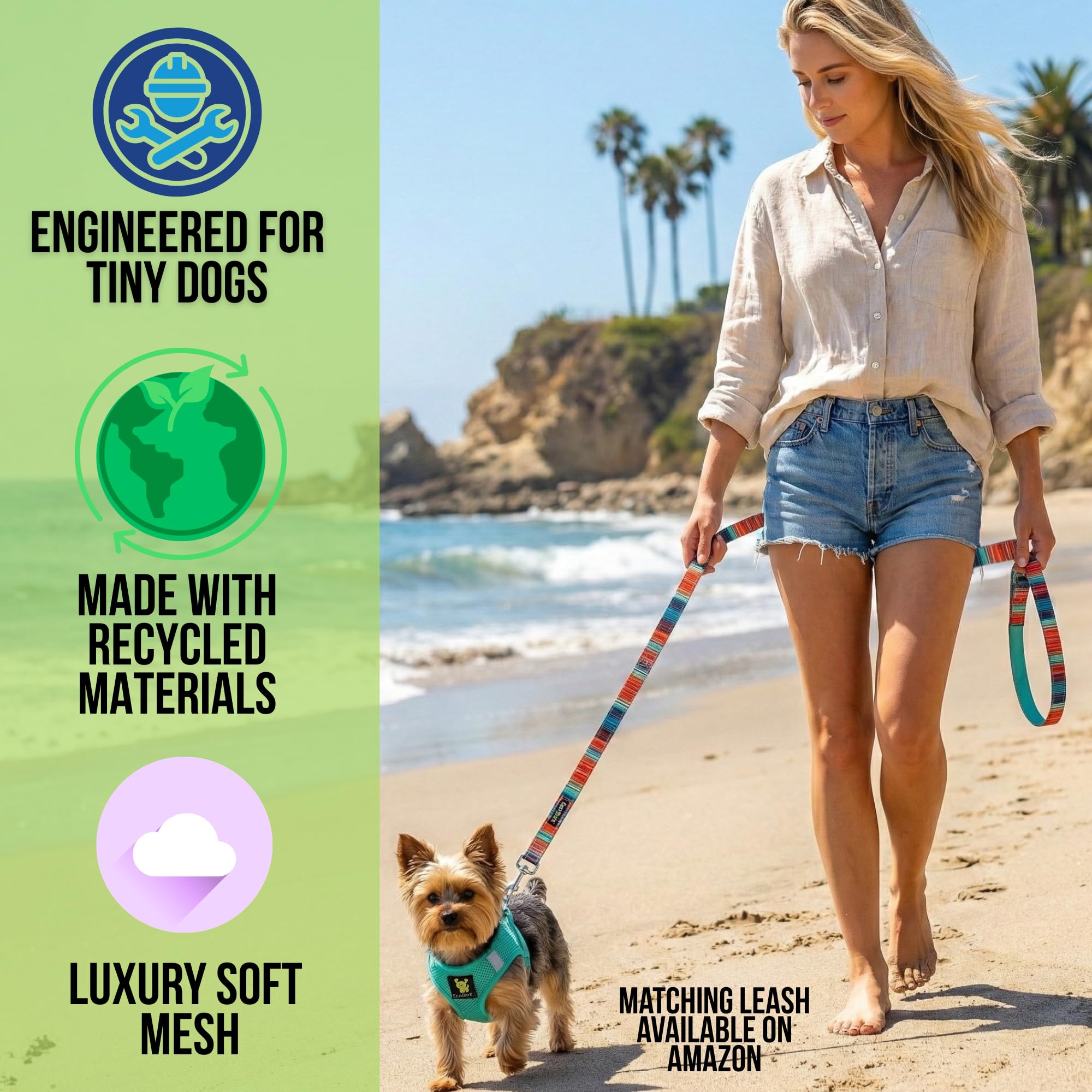 EcoBark XS Dog Harness – No-Pull Step-In Vest for Small Dogs 5–6 lbs (Mint Turquoise)
