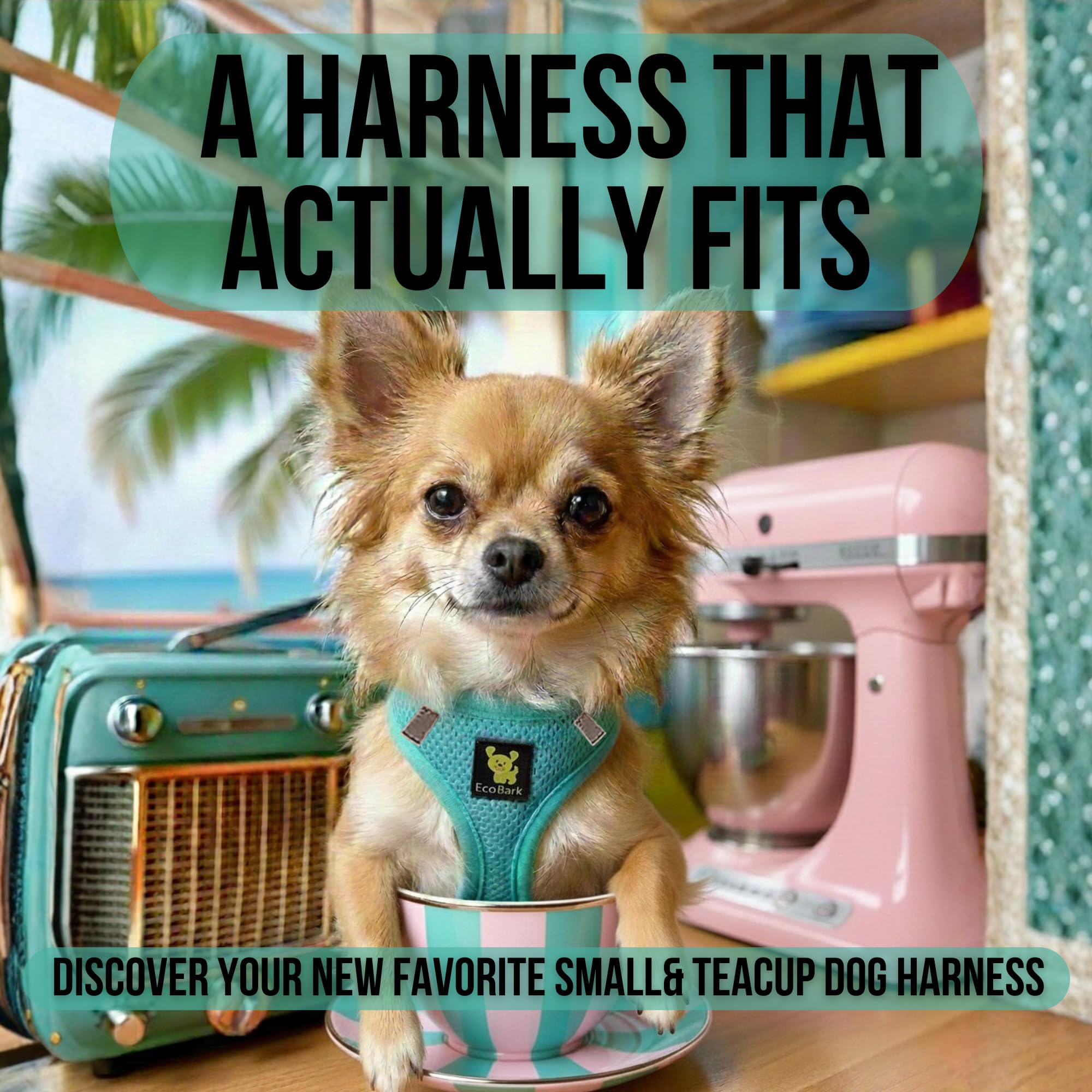 EcoBark XS Dog Harness – No-Pull Step-In Vest for Small Dogs 5–6 lbs (Mint Turquoise)