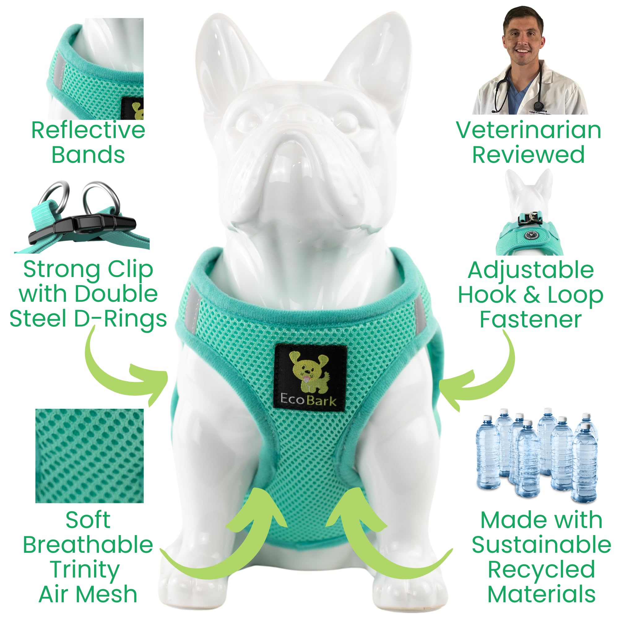 EcoBark XS Dog Harness – No-Pull Step-In Vest for Small Dogs 5–6 lbs (Mint Turquoise)