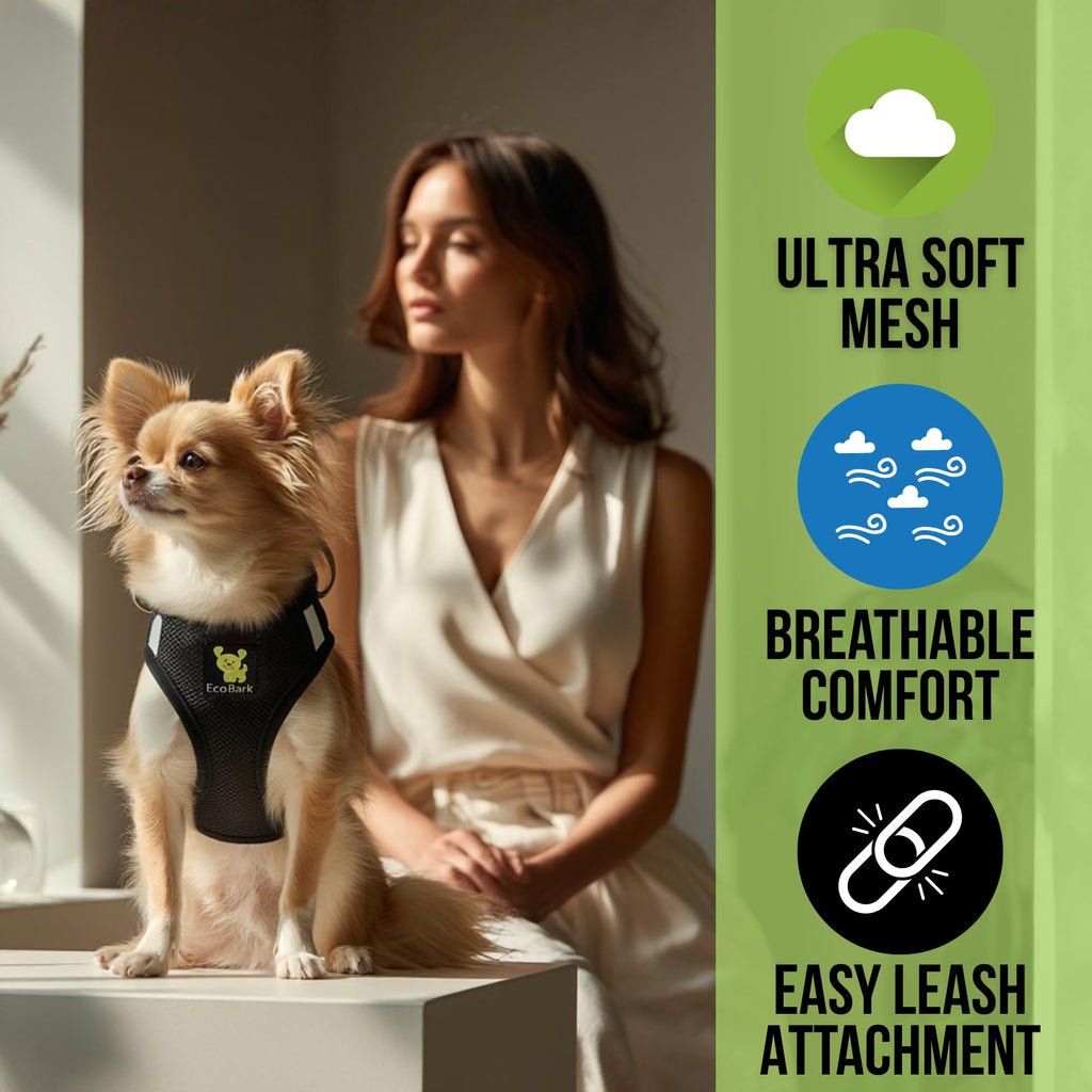 EcoBark XXXS Step-in Dog Harness for Teacup Dogs - Black, Reflective, Eco-Friendly