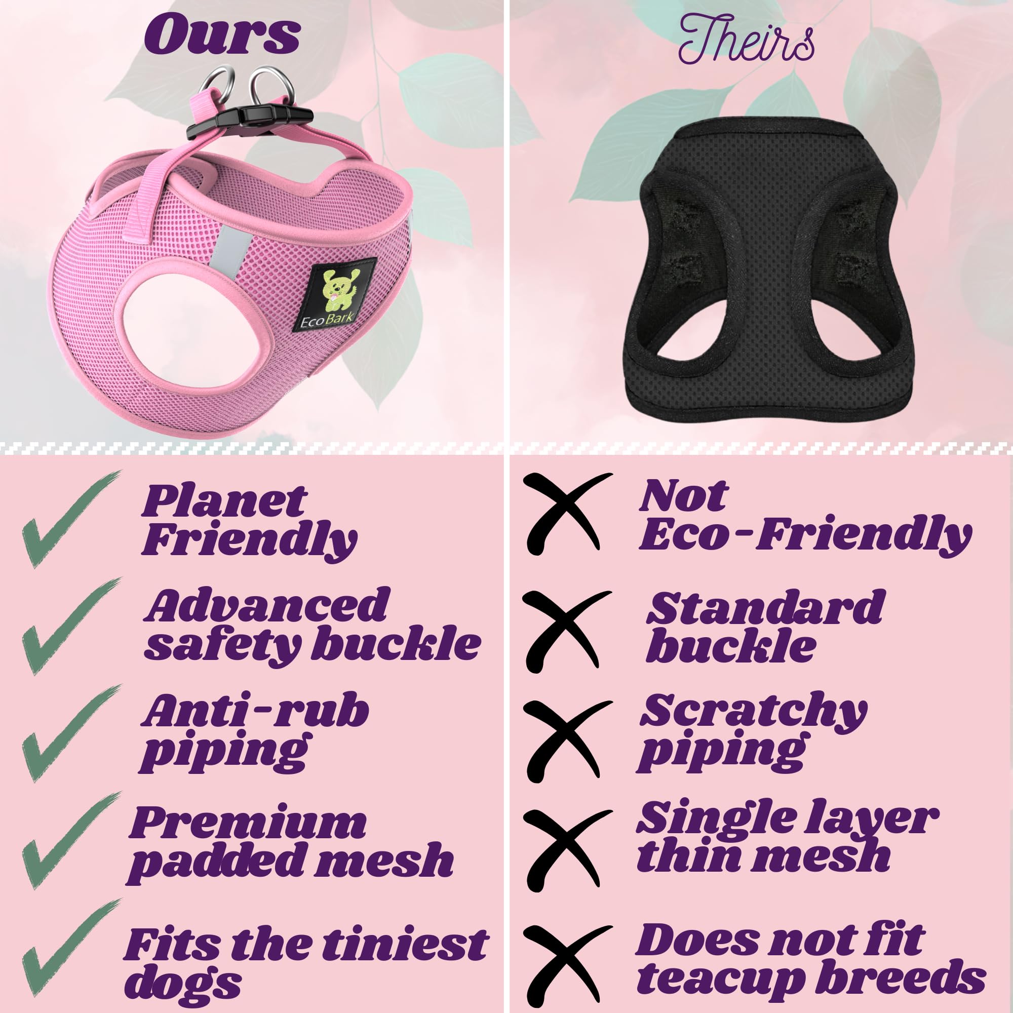 EcoBark XXXS Teacup Dog Harness – Soft Baby Pink Step-In Vest for Toy Breeds 2-3 lbs