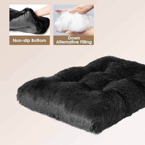 EHEYCIGA Fluffy Dog Crate Bed for Medium Dogs - Plush Faux Fur Crate Pad with Non-Slip Bottom, Washable, Black