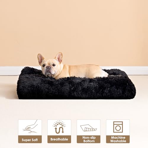 EHEYCIGA Fluffy Dog Crate Bed for Medium Dogs - Plush Faux Fur Crate Pad with Non-Slip Bottom, Washable, Black