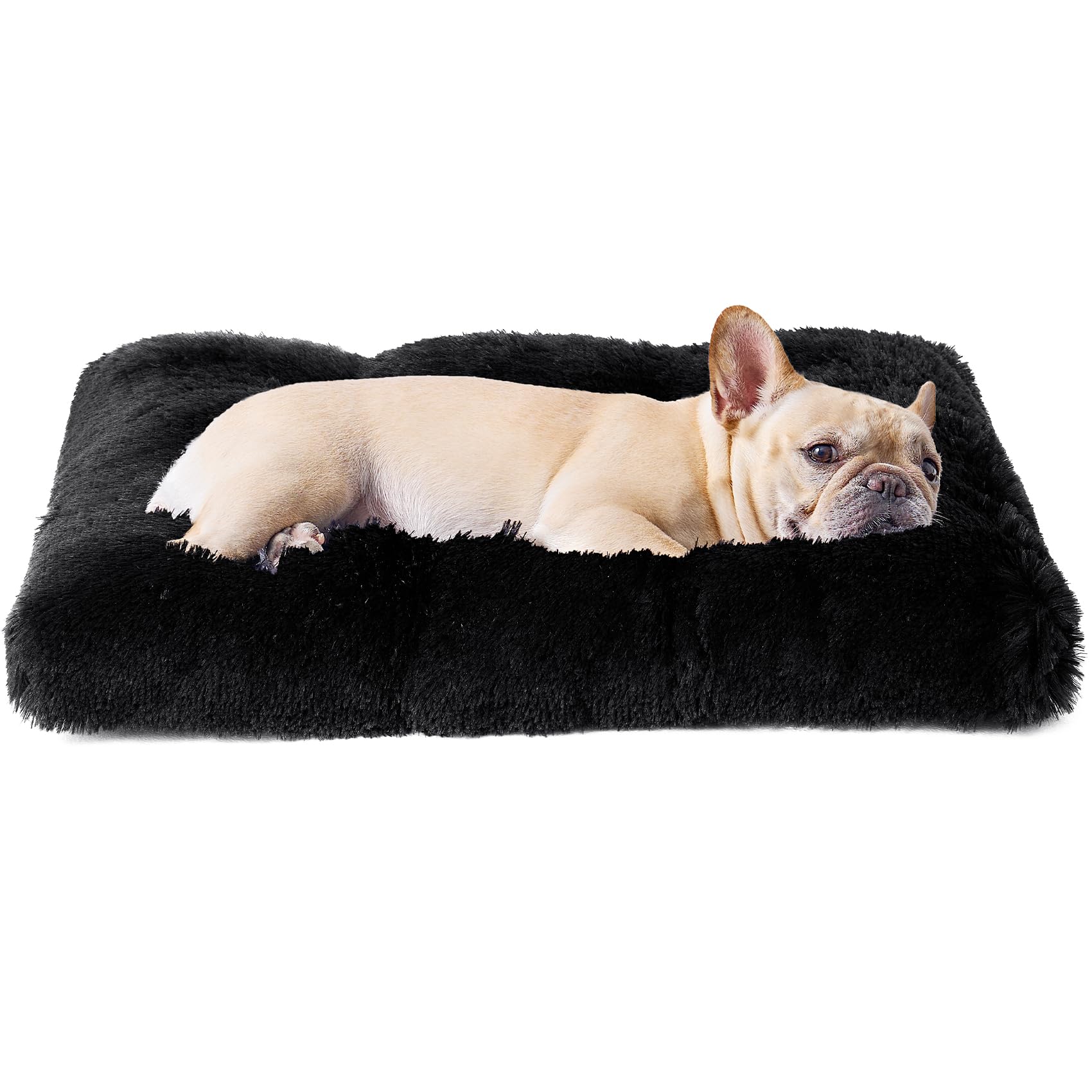 EHEYCIGA Fluffy Dog Crate Bed for Medium Dogs - Plush Faux Fur Crate Pad with Non-Slip Bottom, Washable, Black
