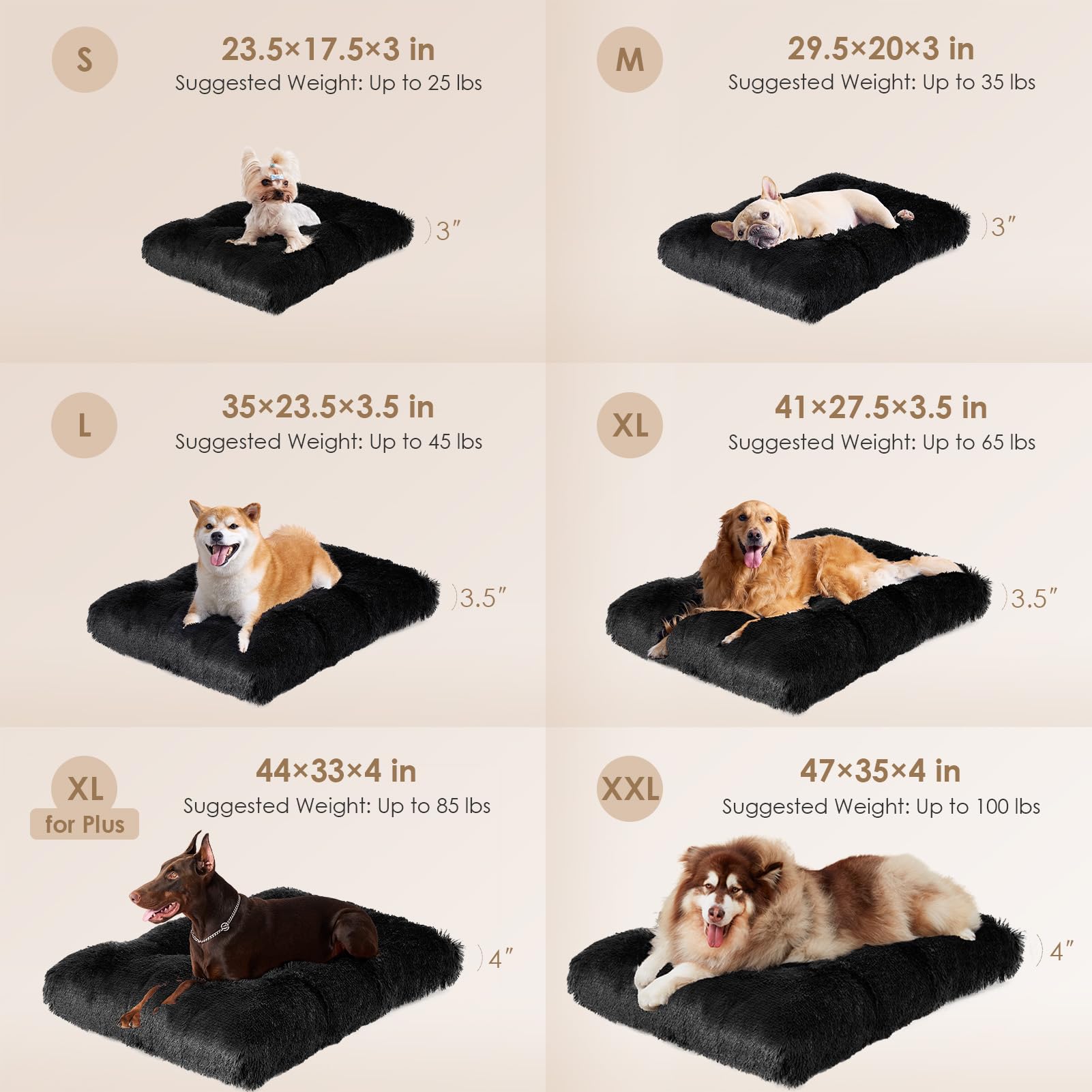 EHEYCIGA Fluffy Dog Crate Bed for Medium Dogs - Plush Faux Fur Crate Pad with Non-Slip Bottom, Washable, Black