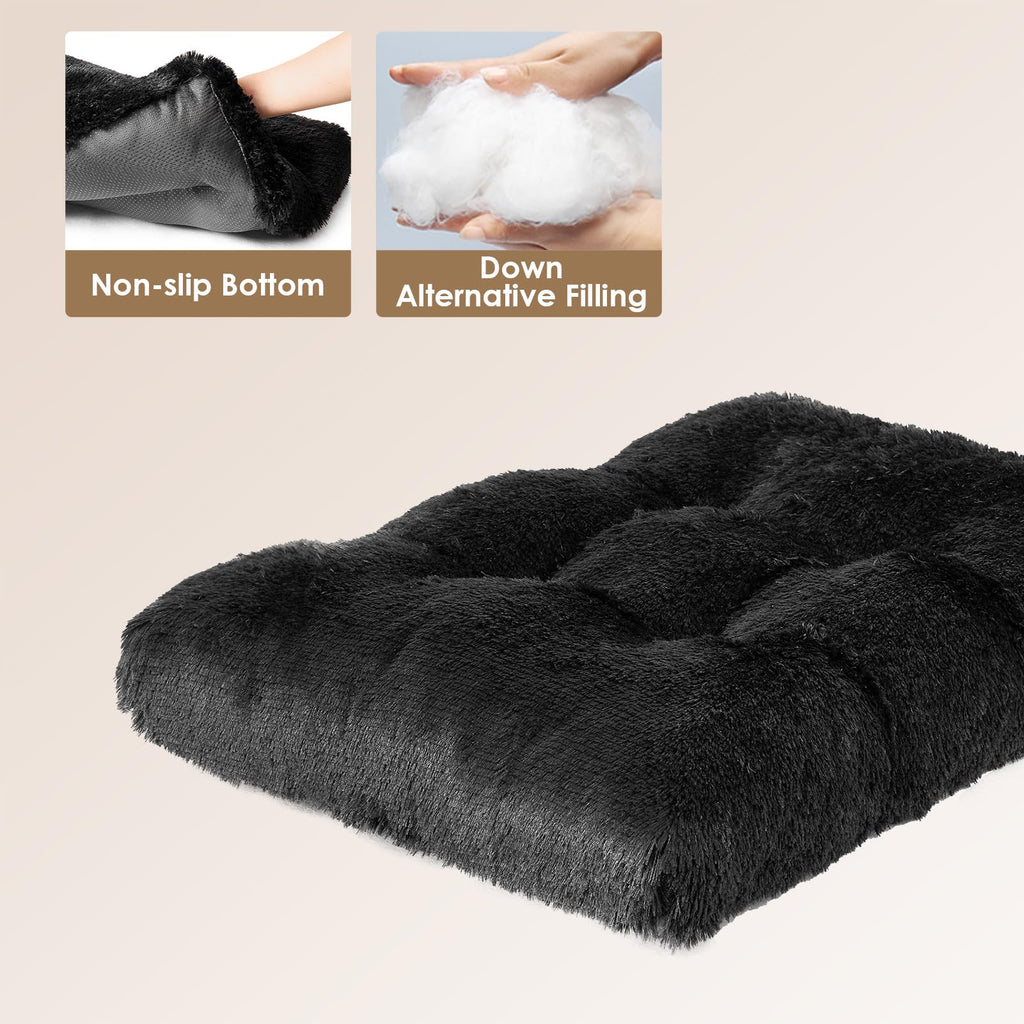 EHEYCIGA Fluffy Dog Crate Bed for Medium Dogs - Plush Faux Fur Crate Pad with Non-Slip Bottom, Washable, Black