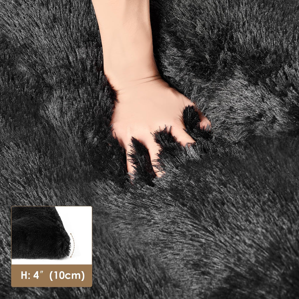 EHEYCIGA Fluffy Dog Crate Bed for Medium Dogs - Plush Faux Fur Crate Pad with Non-Slip Bottom, Washable, Black