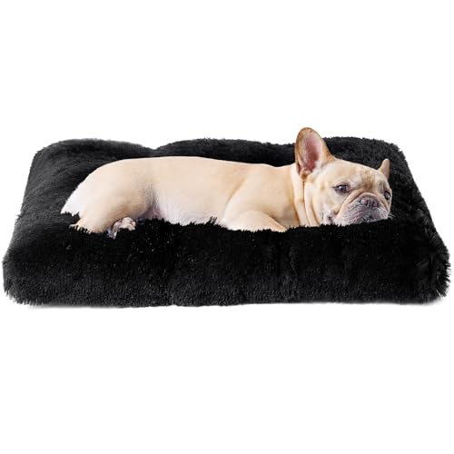 EHEYCIGA Fluffy Dog Crate Bed for Medium Dogs - Plush Faux Fur Crate Pad with Non-Slip Bottom, Washable, Black