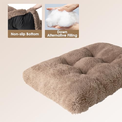 EHEYCIGA Fluffy Dog Crate Bed for Medium Dogs, Camel - Plush Faux Fur Crate Pad with Non-Slip Bottom, Washable