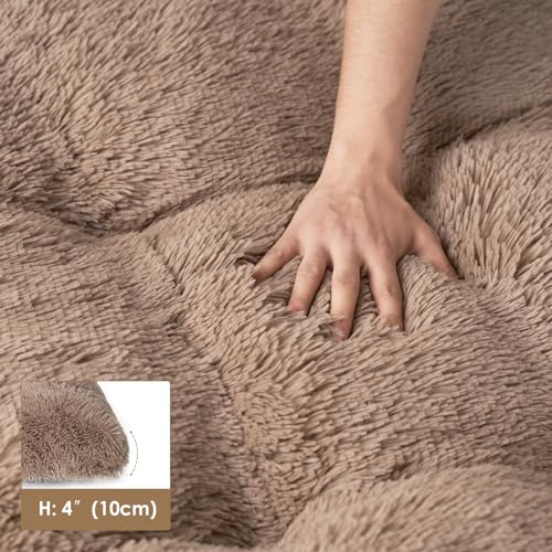EHEYCIGA Fluffy Dog Crate Bed for Medium Dogs, Camel - Plush Faux Fur Crate Pad with Non-Slip Bottom, Washable