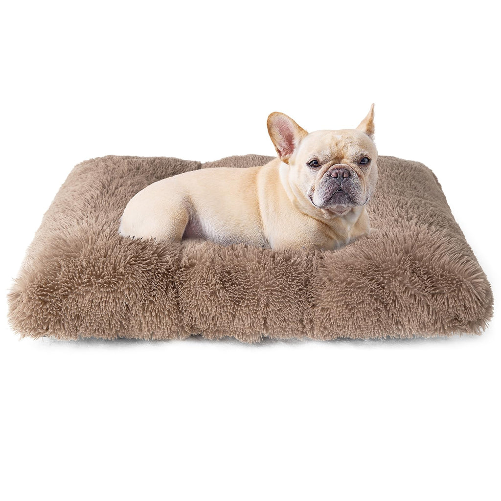 EHEYCIGA Fluffy Dog Crate Bed for Medium Dogs, Camel - Plush Faux Fur Crate Pad with Non-Slip Bottom, Washable