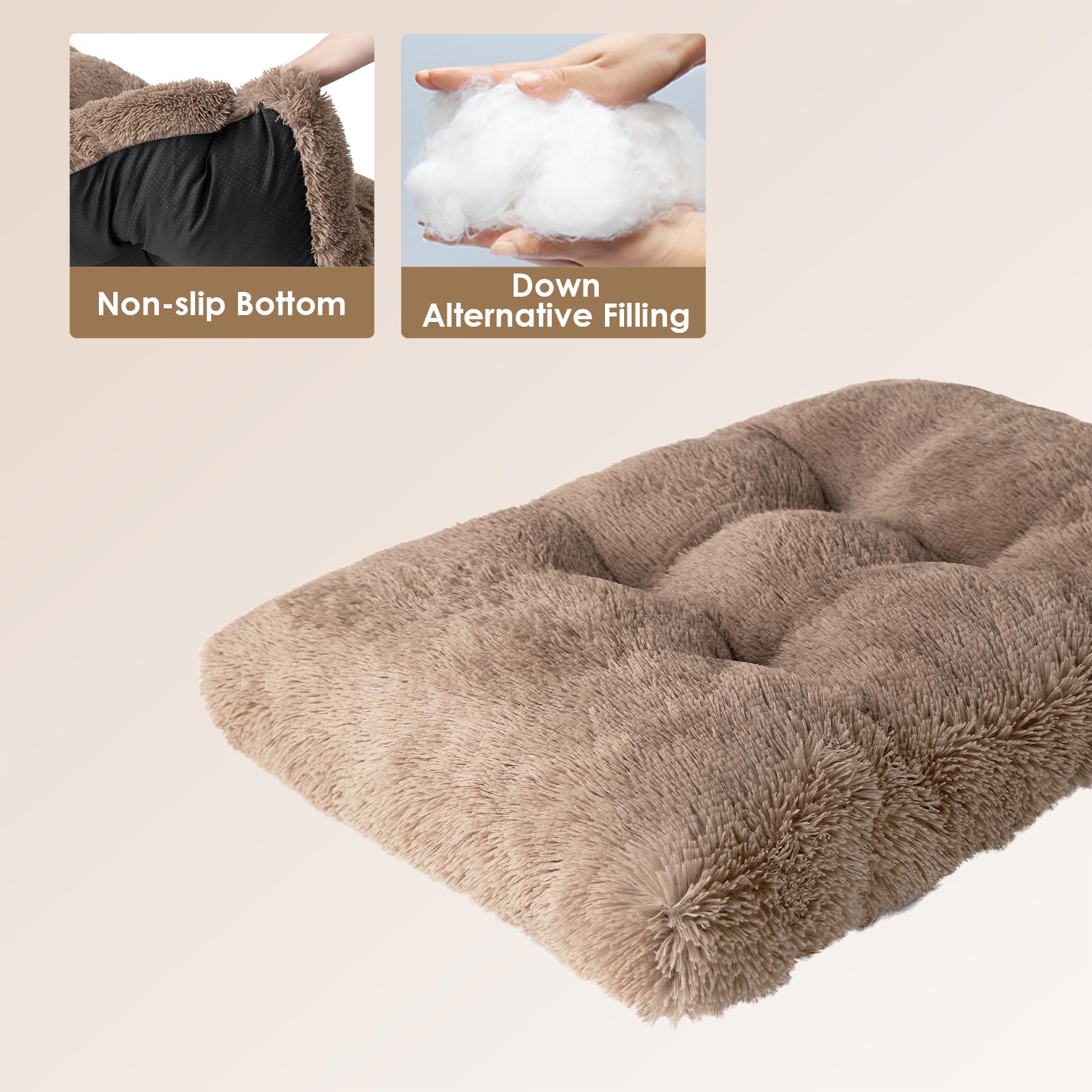EHEYCIGA Fluffy Dog Crate Bed for Medium Dogs, Camel - Plush Faux Fur Crate Pad with Non-Slip Bottom, Washable