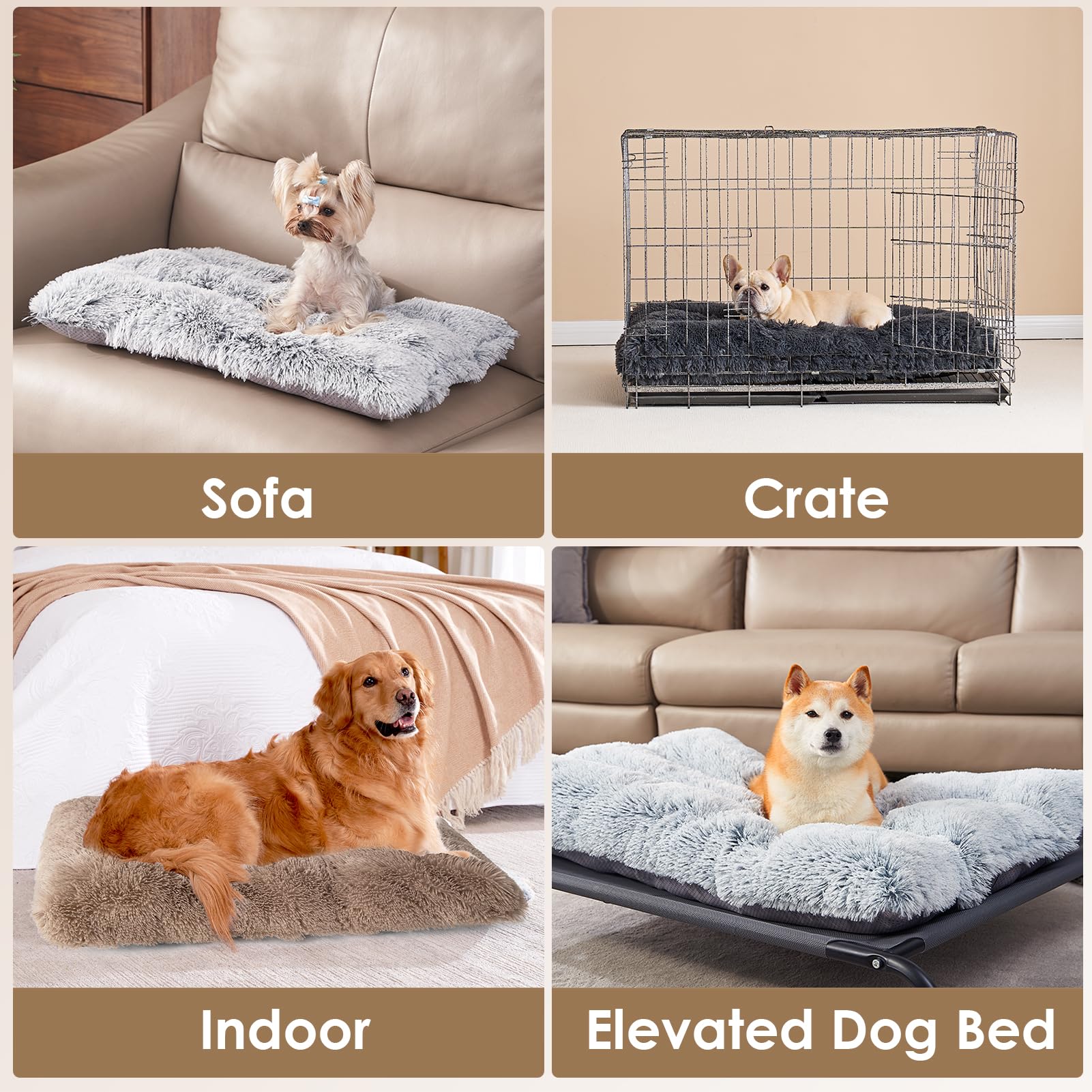 EHEYCIGA Fluffy Dog Crate Bed for Medium Dogs, Camel - Plush Faux Fur Crate Pad with Non-Slip Bottom, Washable