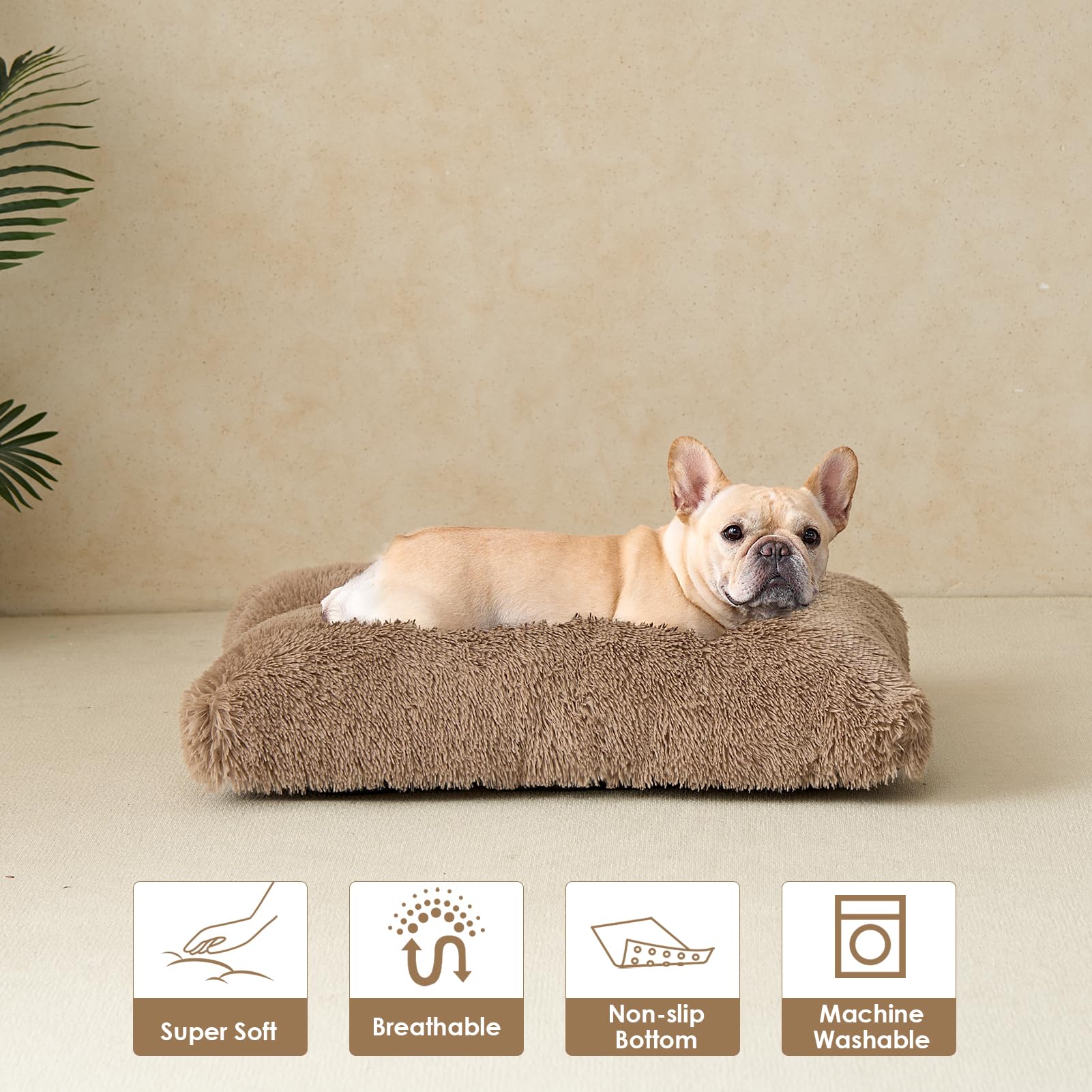 EHEYCIGA Fluffy Dog Crate Bed for Medium Dogs, Camel - Plush Faux Fur Crate Pad with Non-Slip Bottom, Washable