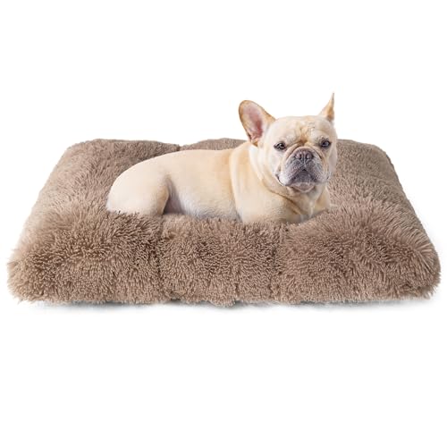 EHEYCIGA Fluffy Dog Crate Bed for Medium Dogs, Camel - Plush Faux Fur Crate Pad with Non-Slip Bottom, Washable