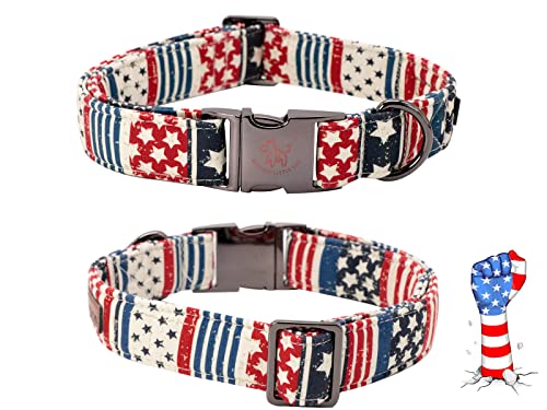 Elegant little tail American Flag Dog Collar with Bowtie – Patriotic Independence Day Collar for Large Dogs, Blue Flag, Cotton, Size L (16-24 Inches)
