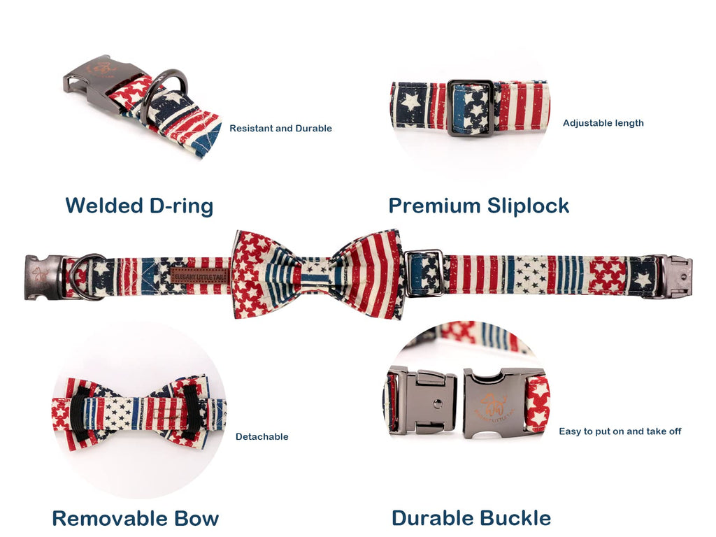 Elegant little tail American Flag Dog Collar with Bowtie – Patriotic Independence Day Collar for Large Dogs, Blue Flag, Cotton, Size L (16-24 Inches)