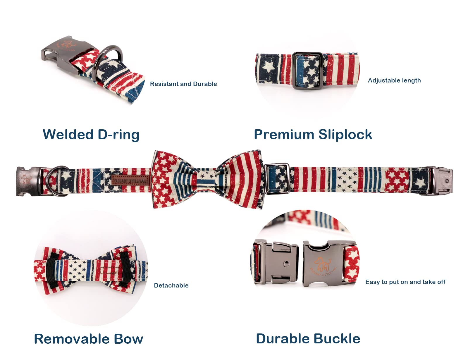 Elegant little tail American Flag Dog Collar with Bowtie – Patriotic Independence Day Collar for Large Dogs, Blue Flag, Cotton, Size L (16-24 Inches)