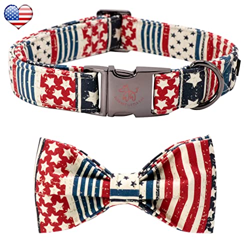 Elegant little tail American Flag Dog Collar with Bowtie – Patriotic Independence Day Collar for Large Dogs, Blue Flag, Cotton, Size L (16-24 Inches)