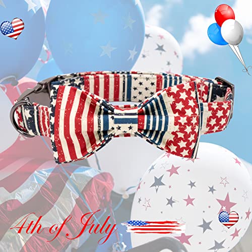 Elegant little tail American Flag Dog Collar with Bowtie – Patriotic Independence Day Collar for Large Dogs, Blue Flag, Cotton, Size L (16-24 Inches)