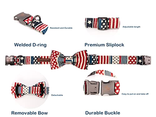 Elegant little tail American Flag Dog Collar with Bowtie – Patriotic Independence Day Collar for Large Dogs, Blue Flag, Cotton, Size L (16-24 Inches)