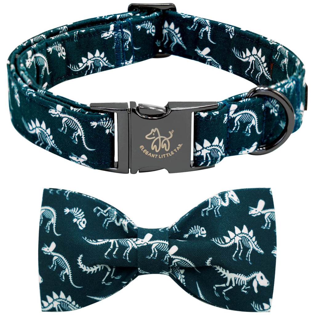 Elegant little tail Dog Collar with Bowtie - Dinosaurs Print, Adjustable Blue Bow, Size L for Large Dogs