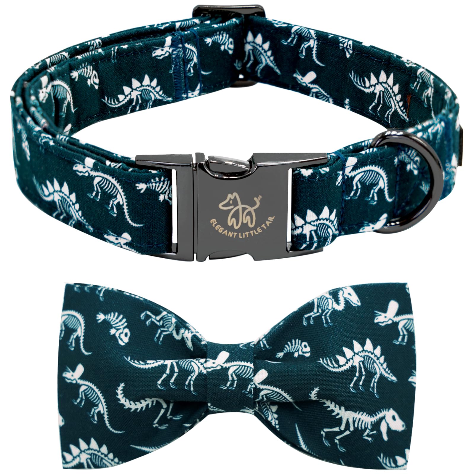 Elegant little tail Dog Collar with Bowtie - Dinosaurs Print, Adjustable Blue Bow, Size L for Large Dogs