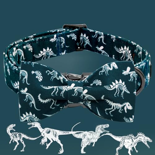 Elegant little tail Dog Collar with Bowtie - Dinosaurs Print, Adjustable Blue Bow, Size L for Large Dogs