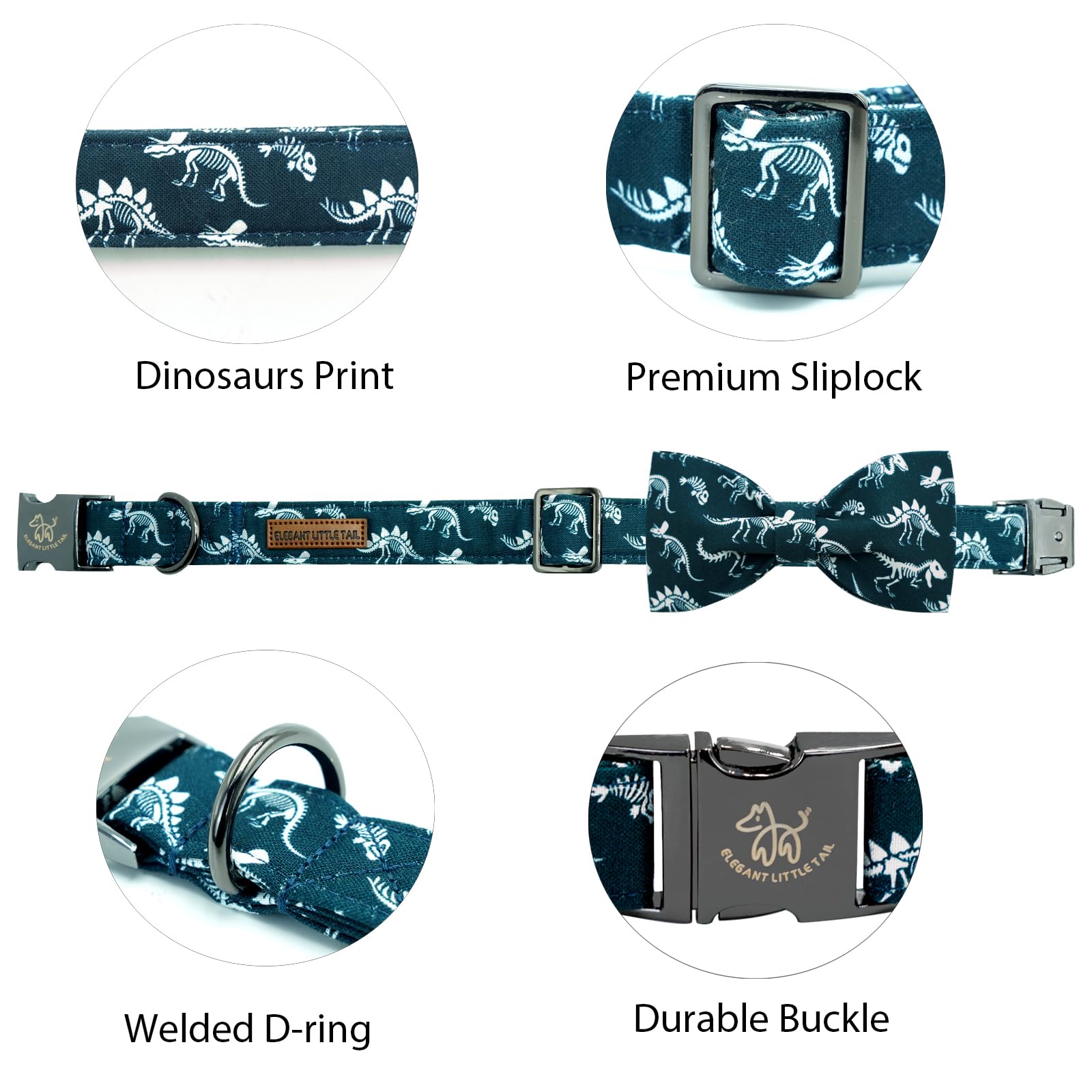 Elegant little tail Dog Collar with Bowtie - Dinosaurs Print, Adjustable Blue Bow, Size L for Large Dogs