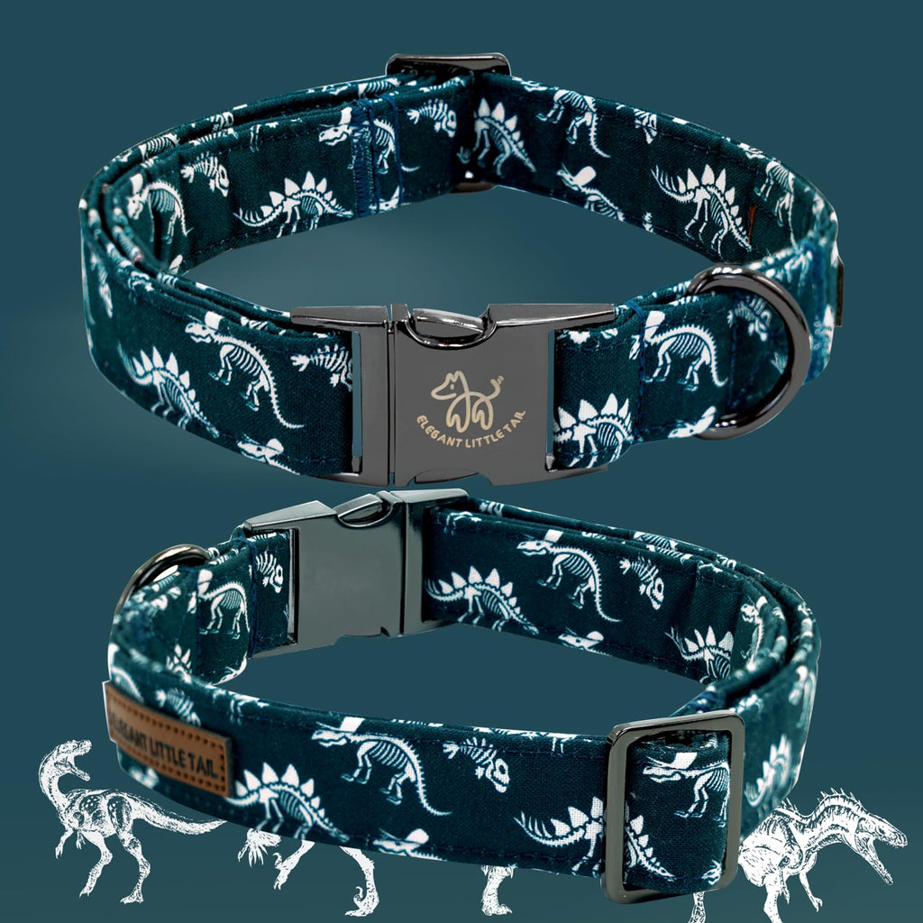 Elegant little tail Dog Collar with Bowtie - Dinosaurs Print, Adjustable Blue Bow, Size L for Large Dogs