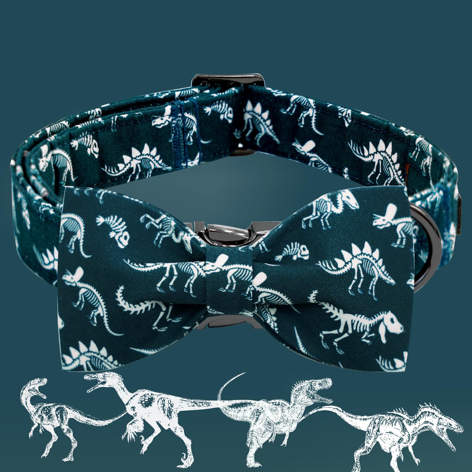 Elegant little tail Dog Collar with Bowtie - Dinosaurs Print, Adjustable Blue Bow, Size L for Large Dogs