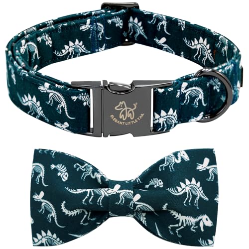 Elegant little tail Dog Collar with Bowtie - Dinosaurs Print, Adjustable Blue Bow, Size L for Large Dogs
