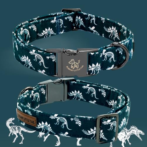 Elegant little tail Dog Collar with Bowtie - Dinosaurs Print, Adjustable Blue Bow, Size L for Large Dogs