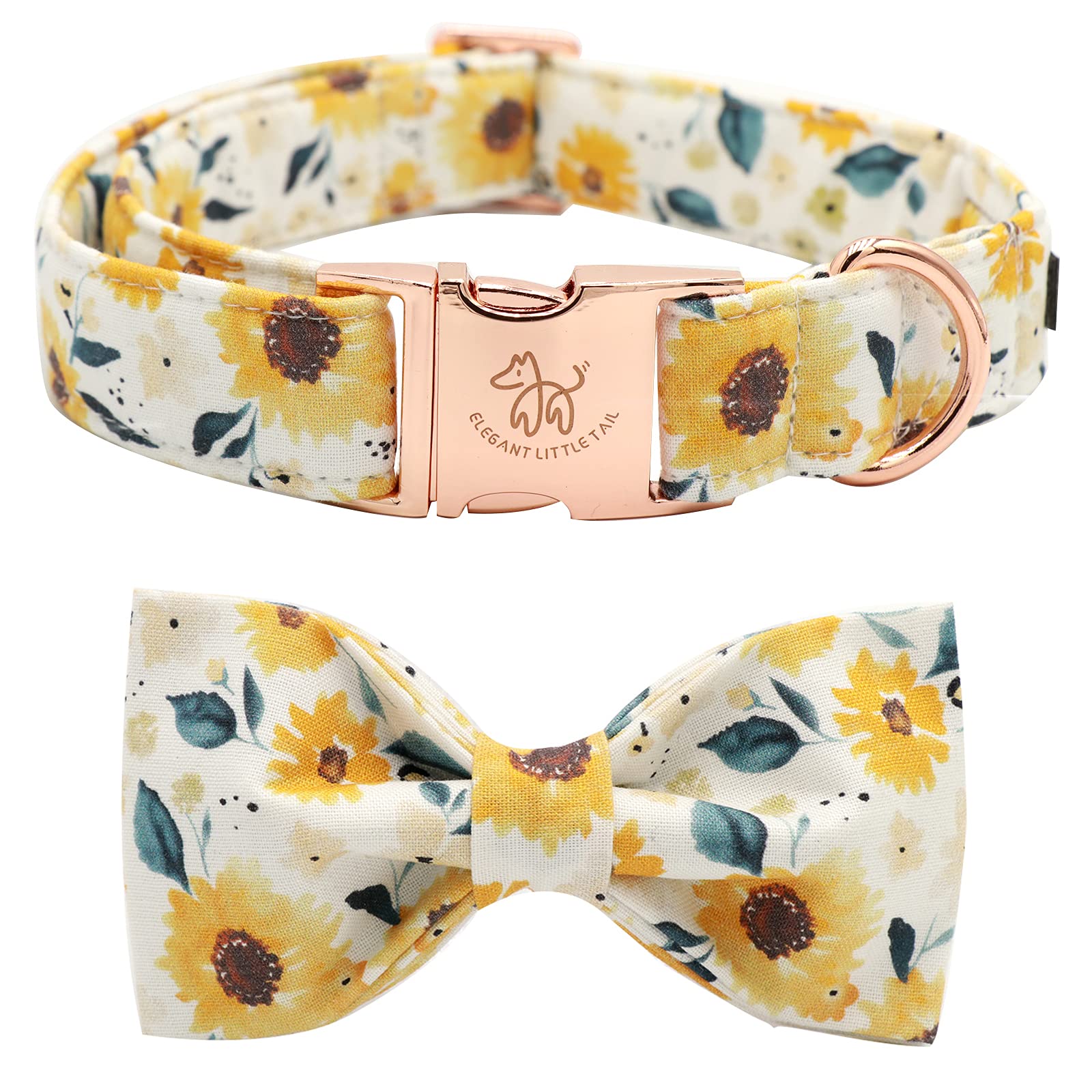 Elegant Little Tail Sunflower Dog Collar with Handmade Bow - XL Adjustable Cotton Collar for Large Breeds