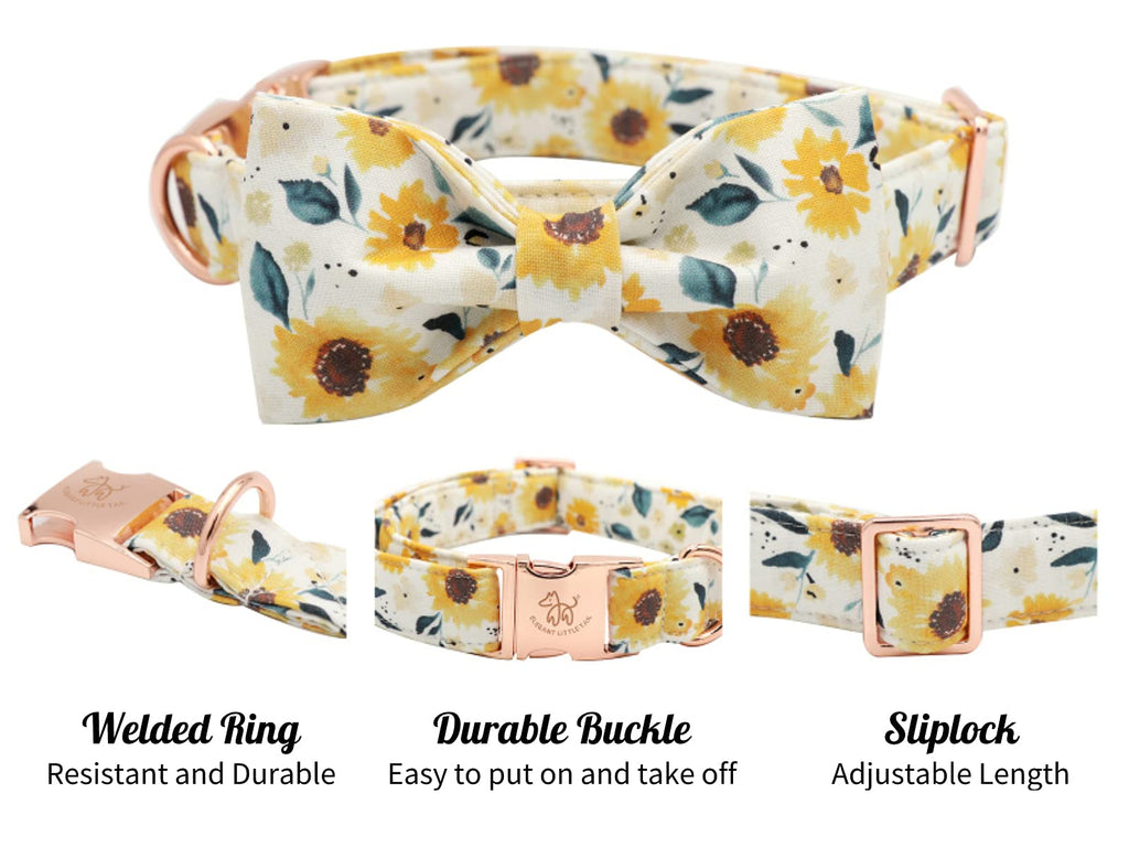 Elegant Little Tail Sunflower Dog Collar with Handmade Bow - XL Adjustable Cotton Collar for Large Breeds