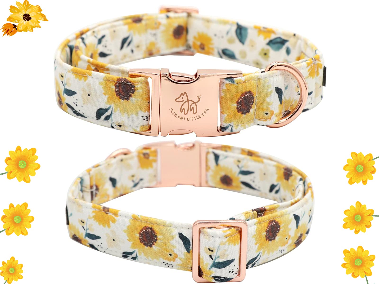 Elegant Little Tail Sunflower Dog Collar with Handmade Bow - XL Adjustable Cotton Collar for Large Breeds