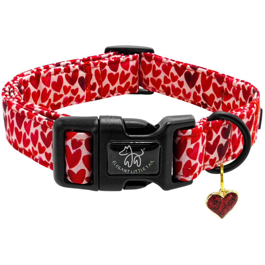 Elegant little tail Valentine's Dog Collar - Red Heart, Adjustable Cotton with Quick Release Buckle for Small, Medium, Large Dogs