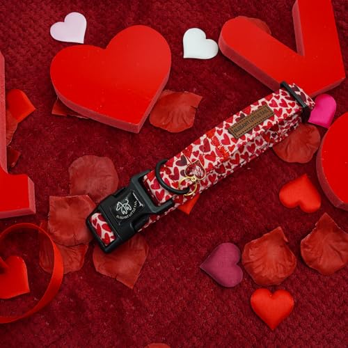 Elegant little tail Valentine's Dog Collar - Red Heart, Adjustable Cotton with Quick Release Buckle for Small, Medium, Large Dogs