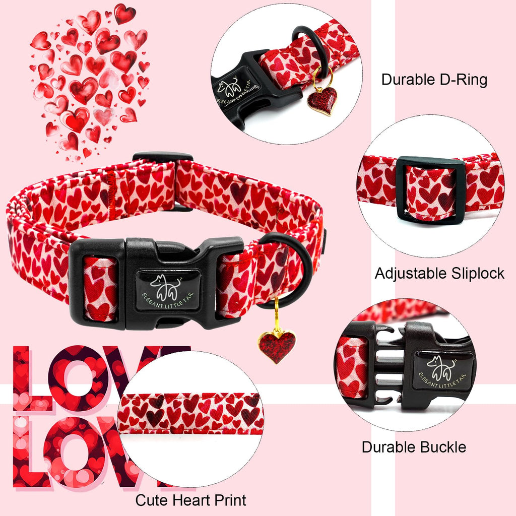 Elegant little tail Valentine's Dog Collar - Red Heart, Adjustable Cotton with Quick Release Buckle for Small, Medium, Large Dogs