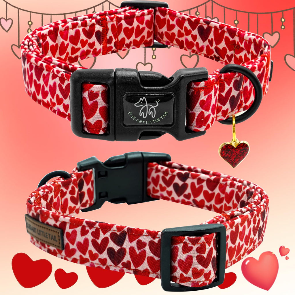 Elegant little tail Valentine's Dog Collar - Red Heart, Adjustable Cotton with Quick Release Buckle for Small, Medium, Large Dogs