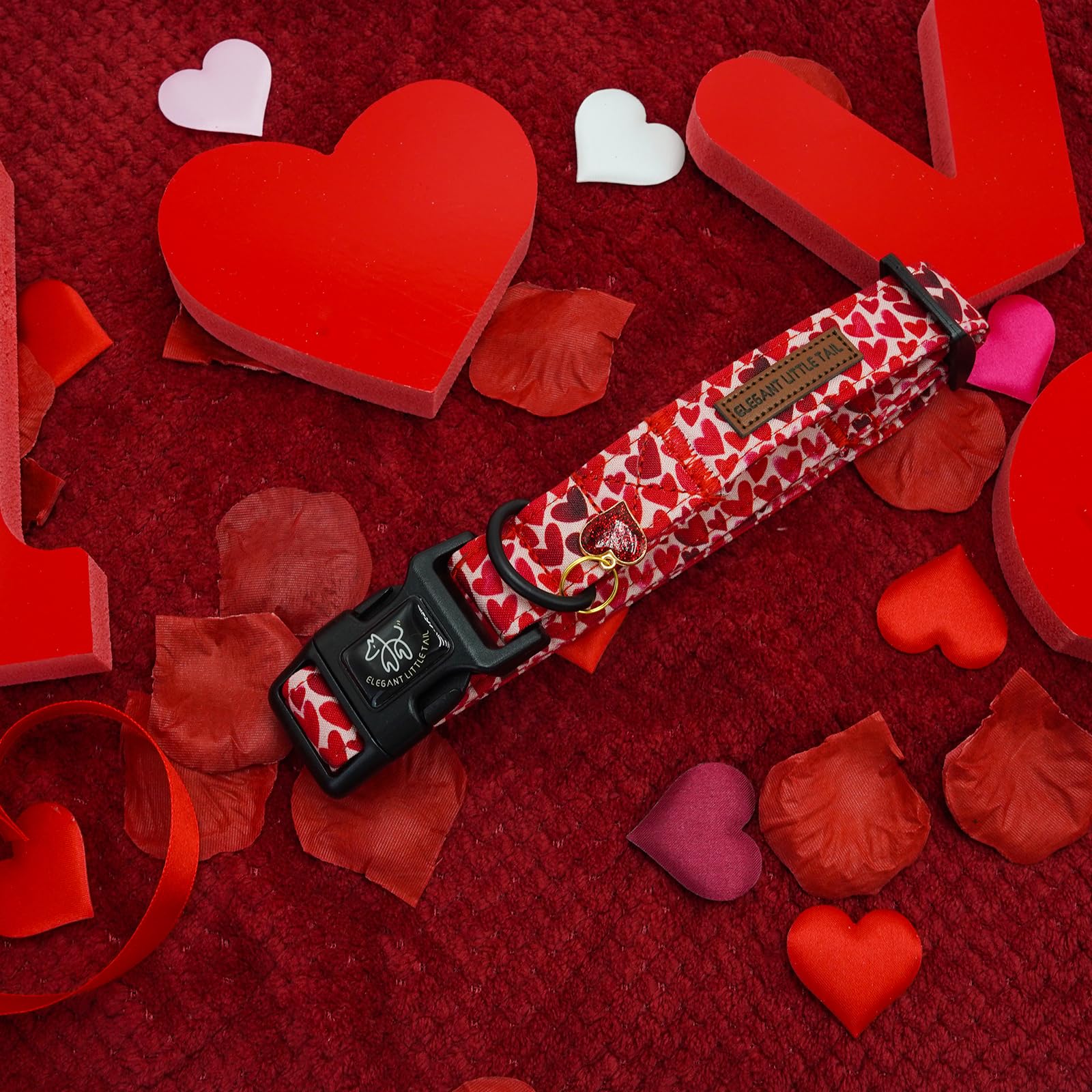 Elegant little tail Valentine's Dog Collar - Red Heart, Adjustable Cotton with Quick Release Buckle for Small, Medium, Large Dogs