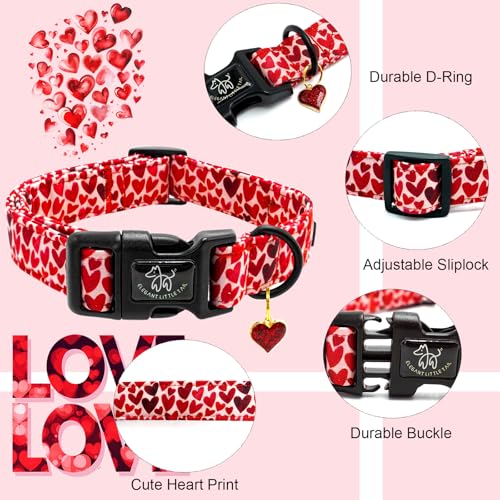 Elegant little tail Valentine's Dog Collar - Red Heart, Adjustable Cotton with Quick Release Buckle for Small, Medium, Large Dogs