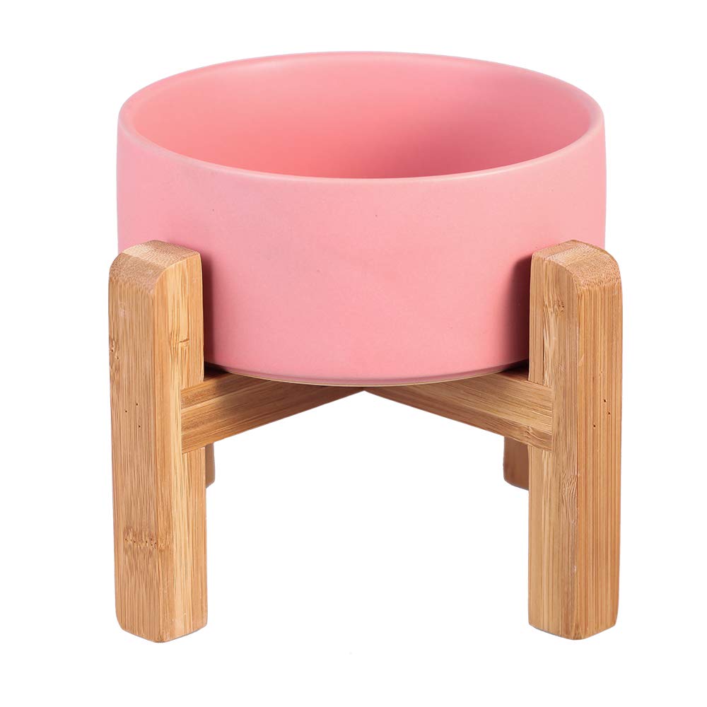 Elevated Ceramic Pet Bowl with Wood Stand – Non-Slip, Dishwasher Safe, 6x6x5 Inches for Cats & Small Dogs