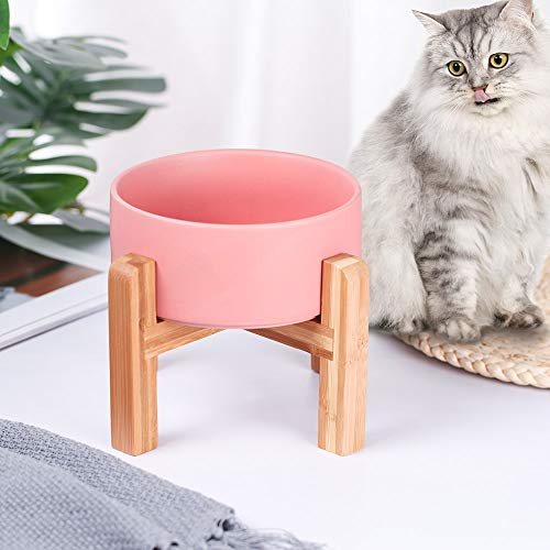 Elevated Ceramic Pet Bowl with Wood Stand – Non-Slip, Dishwasher Safe, 6x6x5 Inches for Cats & Small Dogs