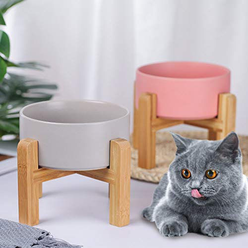 Elevated Ceramic Pet Bowl with Wood Stand – Non-Slip, Dishwasher Safe, 6x6x5 Inches for Cats & Small Dogs