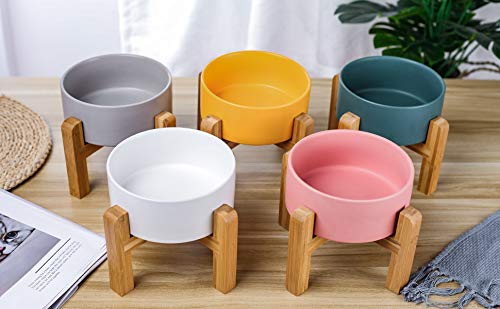 Elevated Ceramic Pet Bowl with Wood Stand – Non-Slip, Dishwasher Safe, 6x6x5 Inches for Cats & Small Dogs