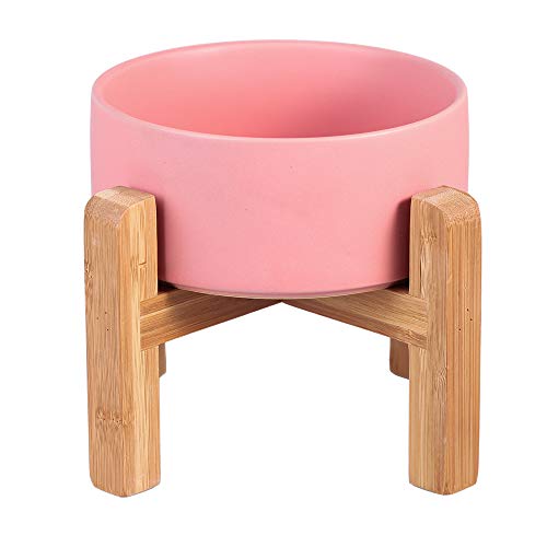 Elevated Ceramic Pet Bowl with Wood Stand – Non-Slip, Dishwasher Safe, 6x6x5 Inches for Cats & Small Dogs